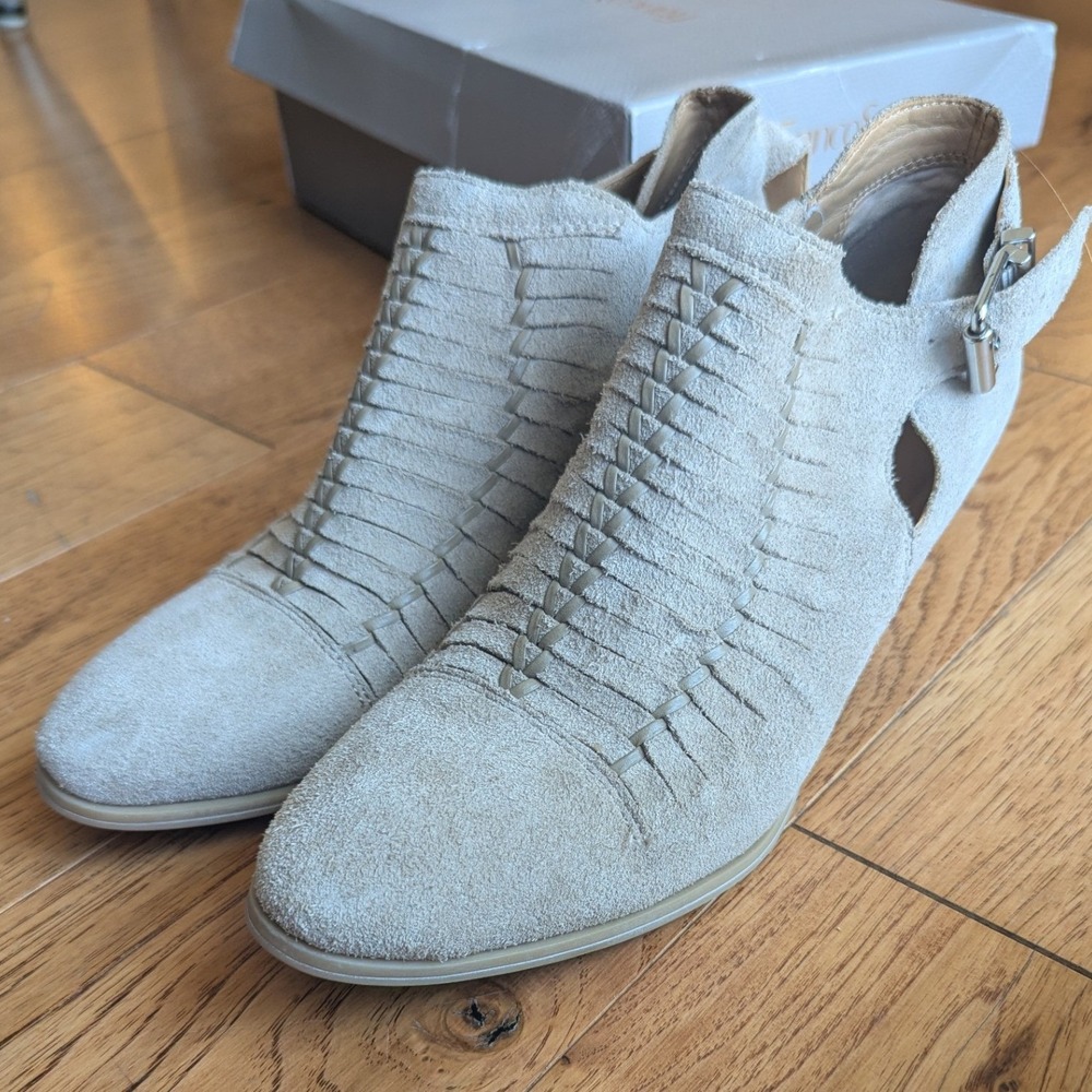 Franco Sarto Ankle Booties Beige Suede Woven Buckle Cutout 7.5M Neutral Western
